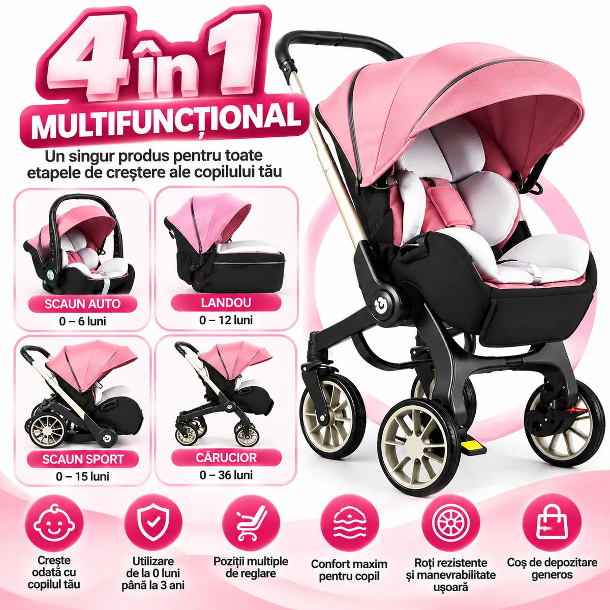 Cărucior 4 în 1 pentru Bebeluși Stroller Plus 2053 – Sistem Multifuncțional, 0-3 Ani