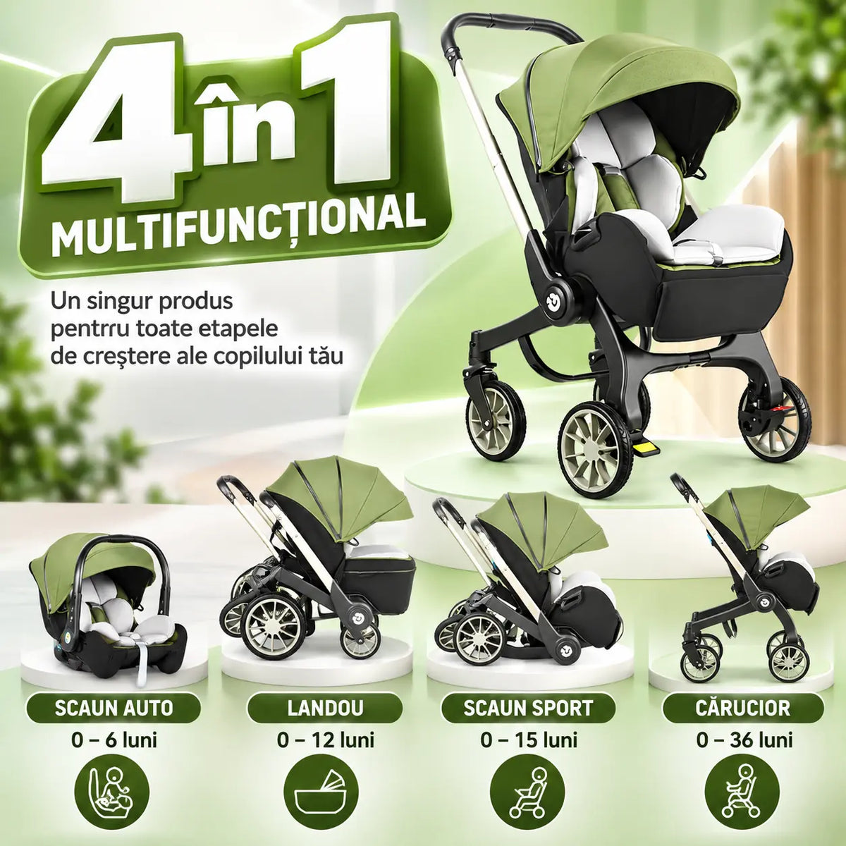 Cărucior 4 în 1 pentru Bebeluși Stroller Plus 2053 – Sistem Multifuncțional, 0-3 Ani