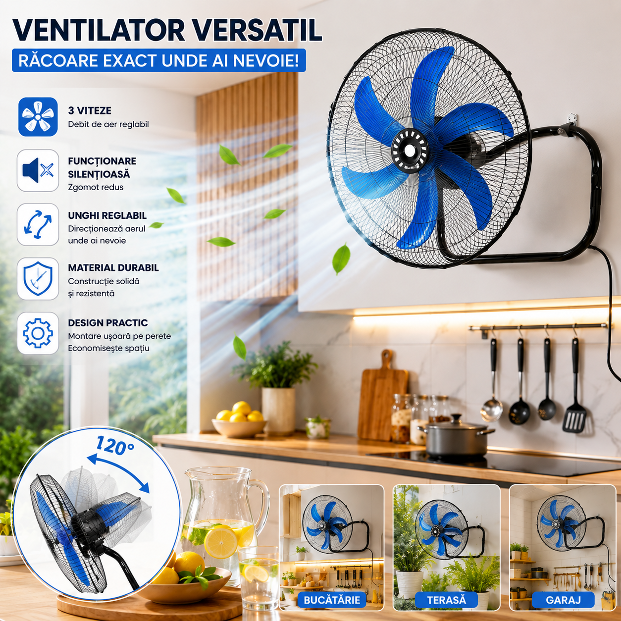 Ventilator 3 în 1 AT PERFORMANCE® AT-2055, 65W, 18 Inch, Podea, Perete și Picior, 3 Viteze, Oscilație, Reglabil pe Înălțime