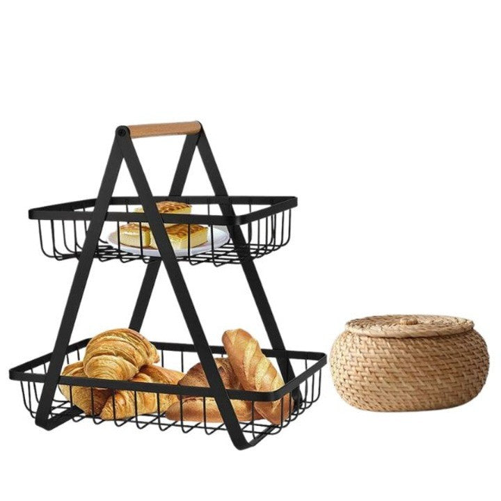 Cos de fructe, decorativ, Metal, 2 etaje, Negru