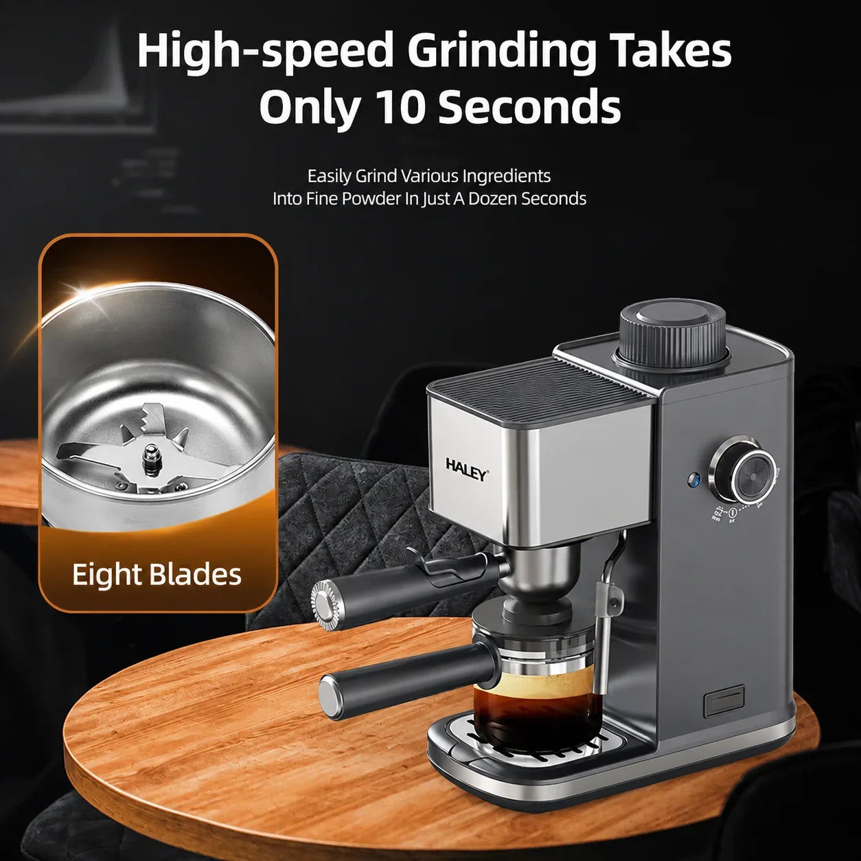 Espressor de Cafea HALEY HY-2822, 1500W, 5 Bar, Rezervor 350 ml, Sistem Spumare Lapte, Filtru Inox, Carafă din Sticlă Borosilicată