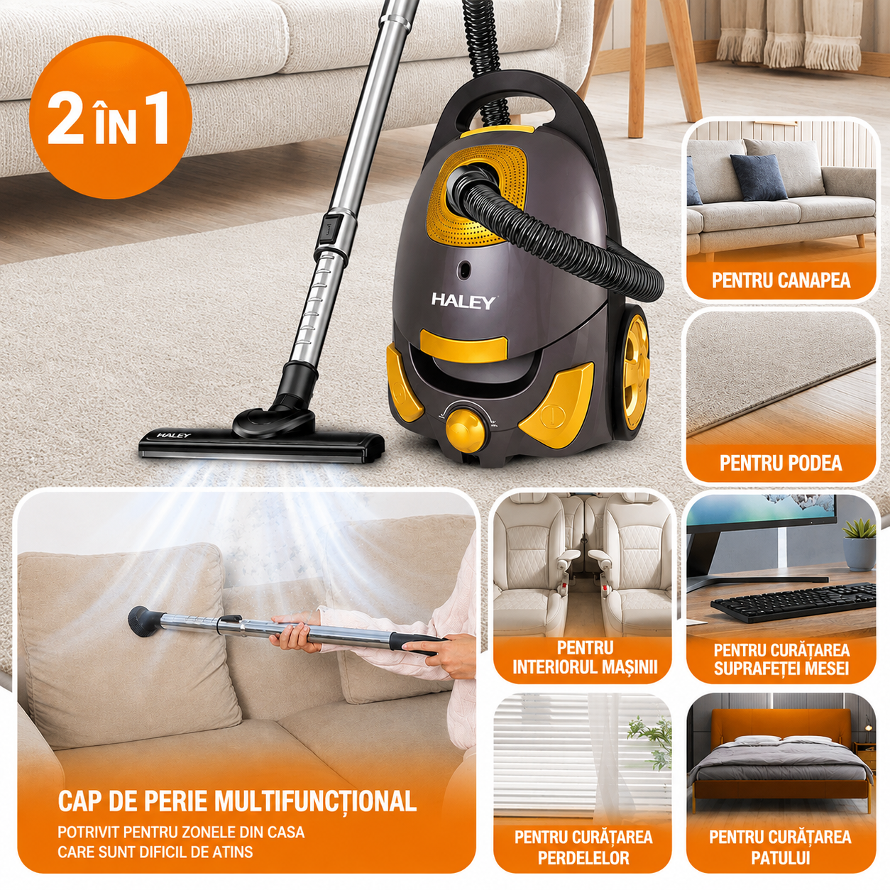 Aspirator Cu Sac HALEY HY-951, 3000W, Putere De Aspirare ≥500W, Sac 4L, Filtru HEPA, Putere Reglabilă, Cablu 6,5 m, Negru/Auriu