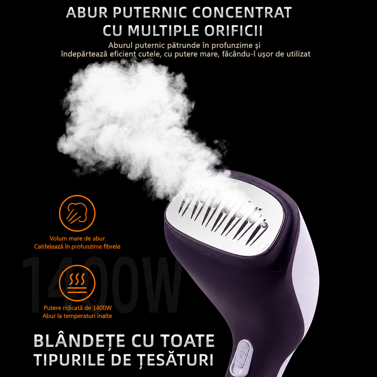 Aparat Vertical De Călcat Cu Aburi Haley HY-312, 1500W, Portabil, Rezervor De Apă, Perie Inclusă, Protecție La Supraîncălzire, Mov