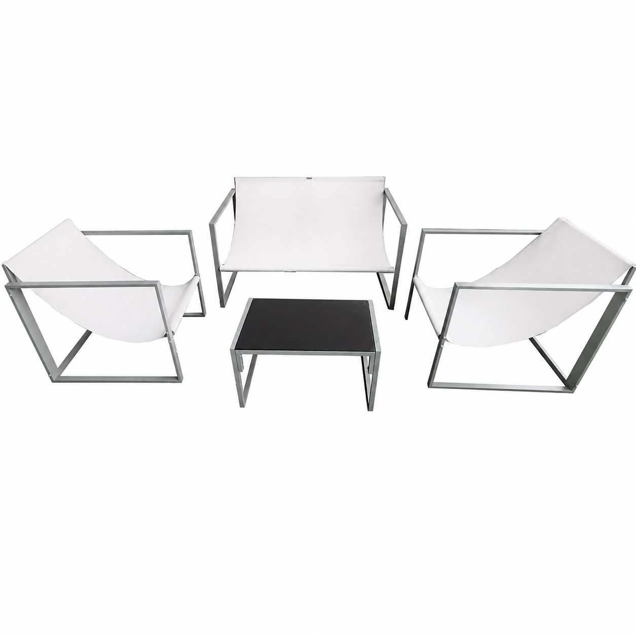 Set Mobilier Grădină AT PERFORMANCE® 4 Piese, Canapea 2 Locuri + 2 Fotolii + Măsuță cu Sticlă Securizată Neagră, Cadru Metalic