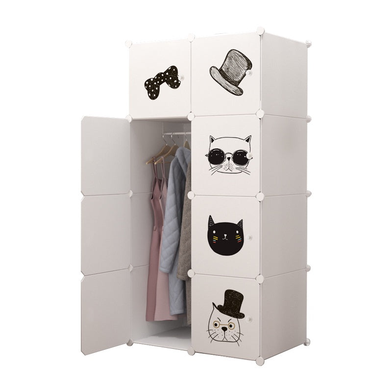 Dulap modular pentru copii 8 rafturi , AT PERFORMANCE® , Alb cu pisicute 🐱🎀👓🎩