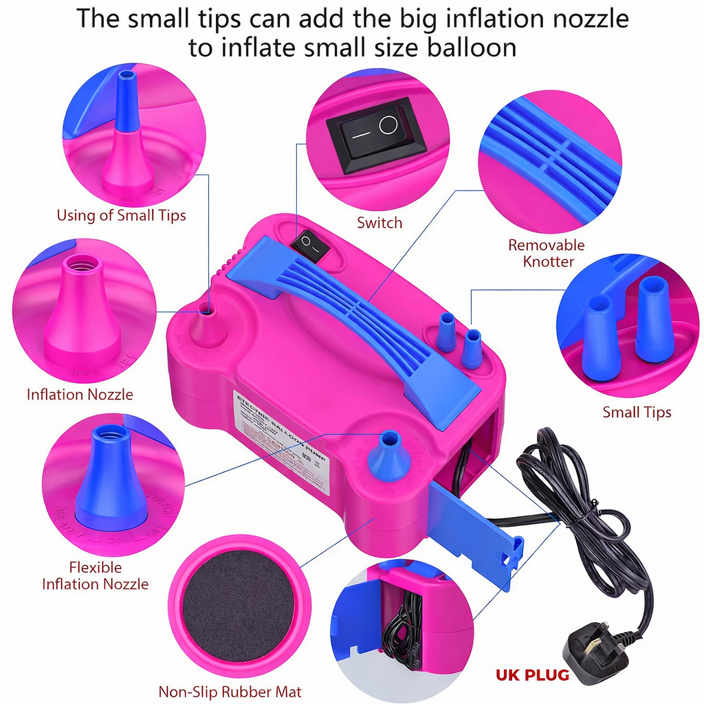 Compresor Profesional pentru umflat baloane si obiecte gonflabile, Putere 600 W, Alimentare 220 V, Culoare Roz / Albastru