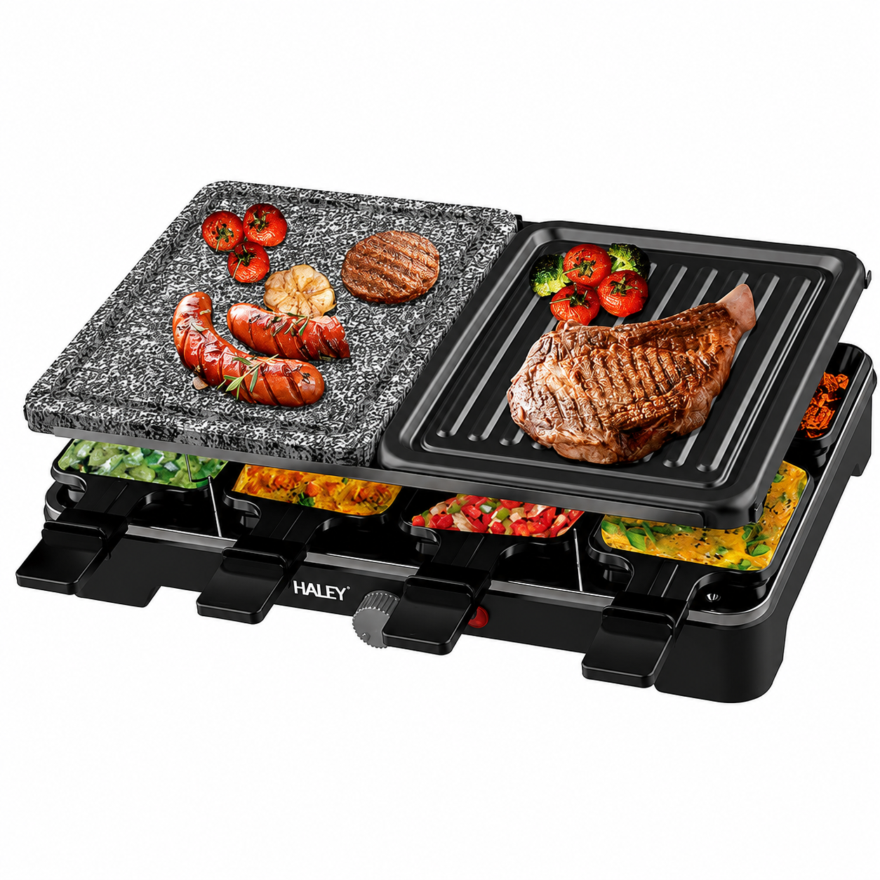 Grill Electric Multifuncțional HALEY HY-8610, 10 în 1, 1500W, Raclette cu 8 Tăvițe, Placă Grill și Piatră pentru Gătit, Temperatură Reglabilă
