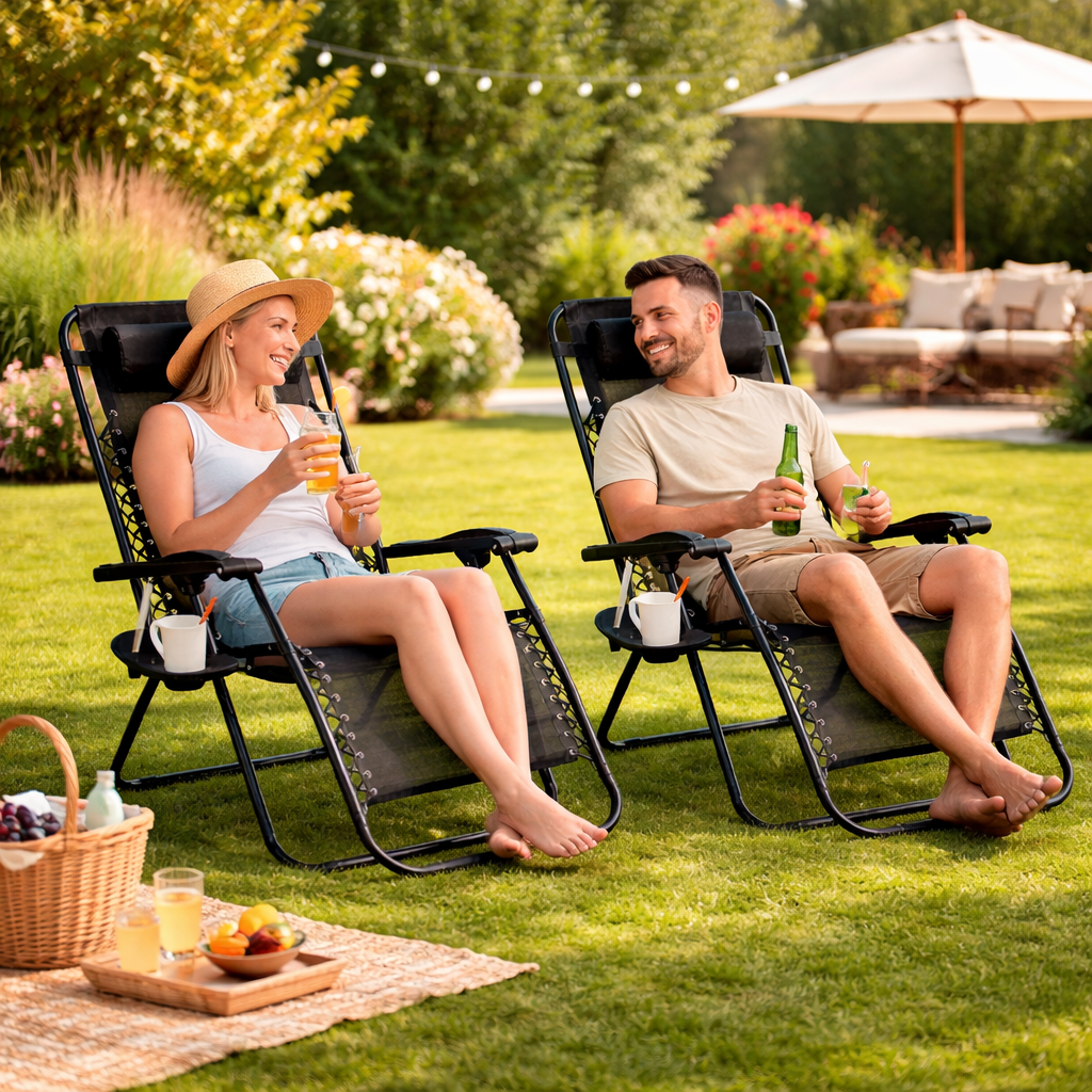 Set 2 Scaune Șezlonguri Portabile Pliabile AT PERFORMANCE® – Zero Gravity, Cadru Aluminiu, Suport Pahar