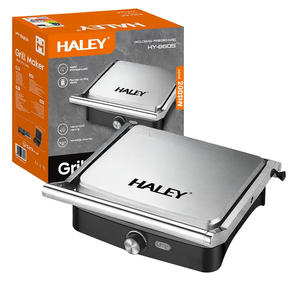 Grill Electric Haley HY-8609, 2000W, Plăci Antiaderente, Deschidere 180°