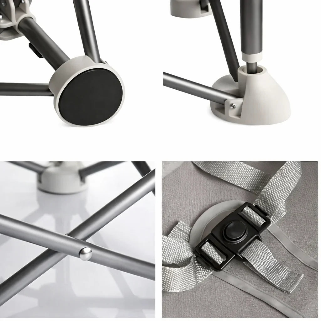 Scaun bebe, pliabil, compact, portabil, usor de depozitat, cu tava detasabila, pentru masa si joaca, cu spatiu de depozitare, ham de siguranta in 5 puncte