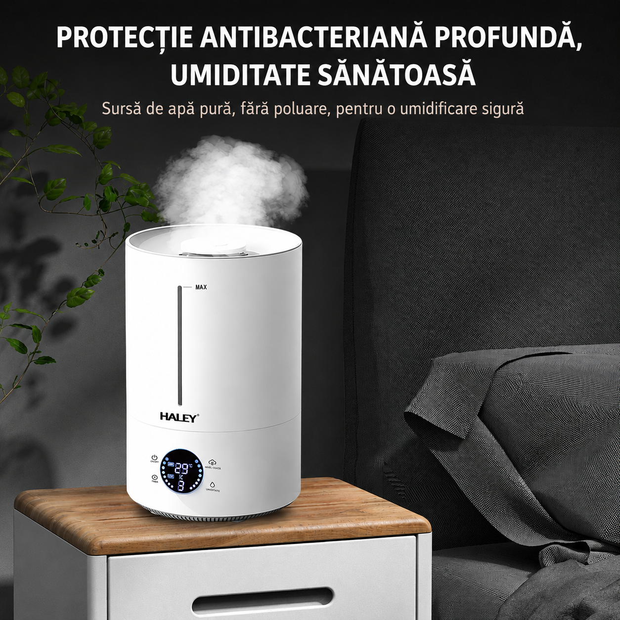 Umidificator de Aer HALEY HY-3101, Rezervor 5L, Umidificare 360°, Intensitate Reglabilă, Umplere de Sus, Panou Digital, 1000W, Alb