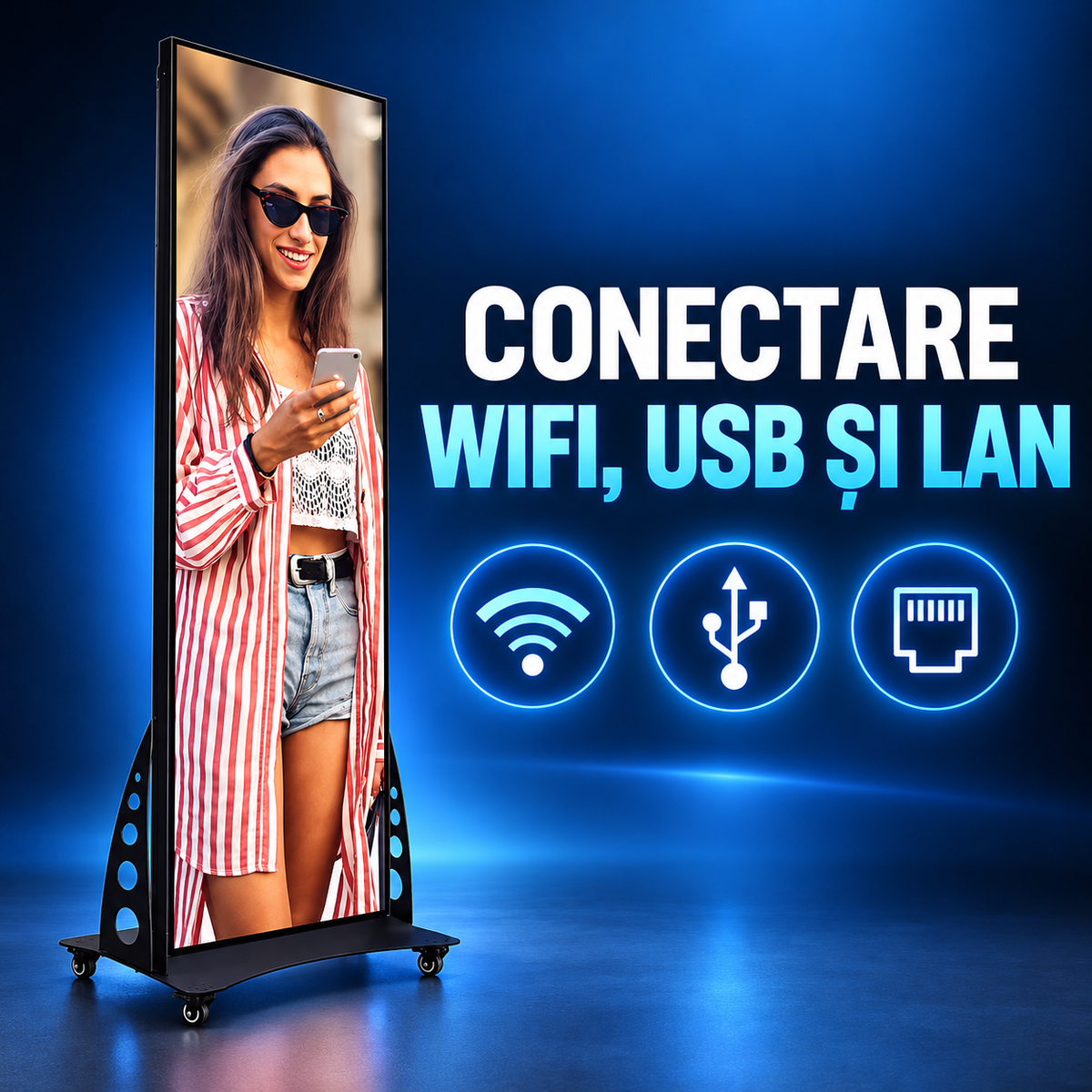 Ecran LED indoor cu opțiuni de conectare WiFi, USB și LAN