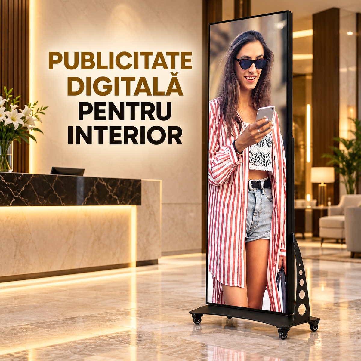 Ecran LED vertical pentru publicitate digitală în spații interioare