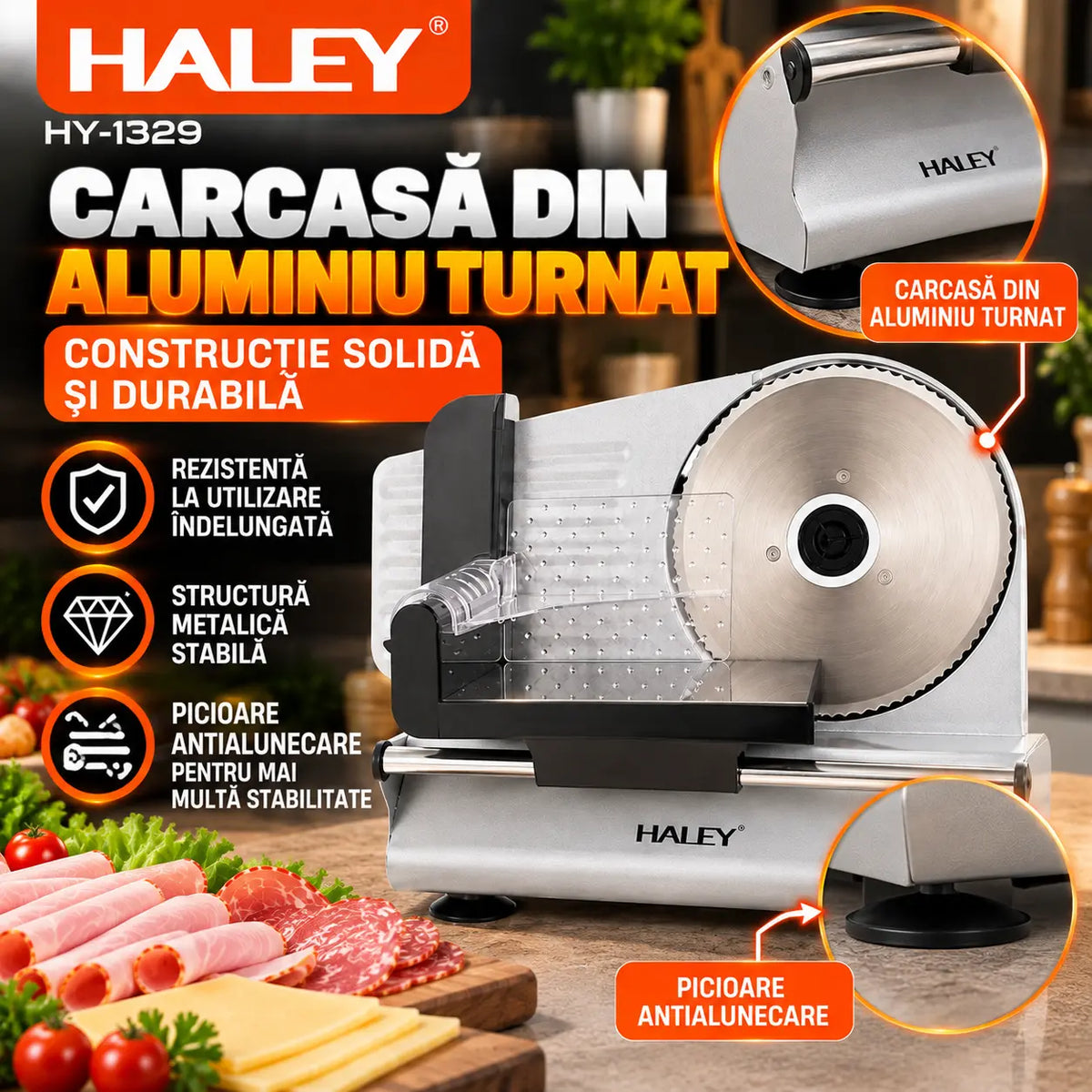 Feliator Electric de Alimente HALEY® HY-1329, Putere Maximă 800W, Lamă din Oțel Inoxidabil de 190 mm, Grosime de Tăiere Reglabilă 0–15 mm, Carcasă din Aluminiu Turnat, Protecție pentru Degete, Împingător Transparent cu Protecție