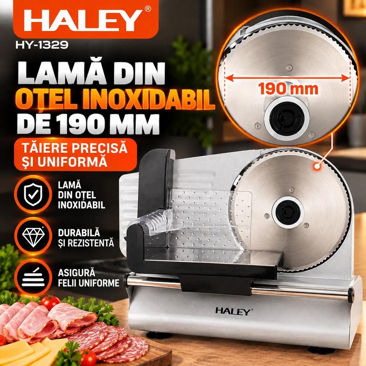 Feliator Electric de Alimente HALEY® HY-1329, Putere Maximă 800W, Lamă din Oțel Inoxidabil de 190 mm, Grosime de Tăiere Reglabilă 0–15 mm, Carcasă din Aluminiu Turnat, Protecție pentru Degete, Împingător Transparent cu Protecție