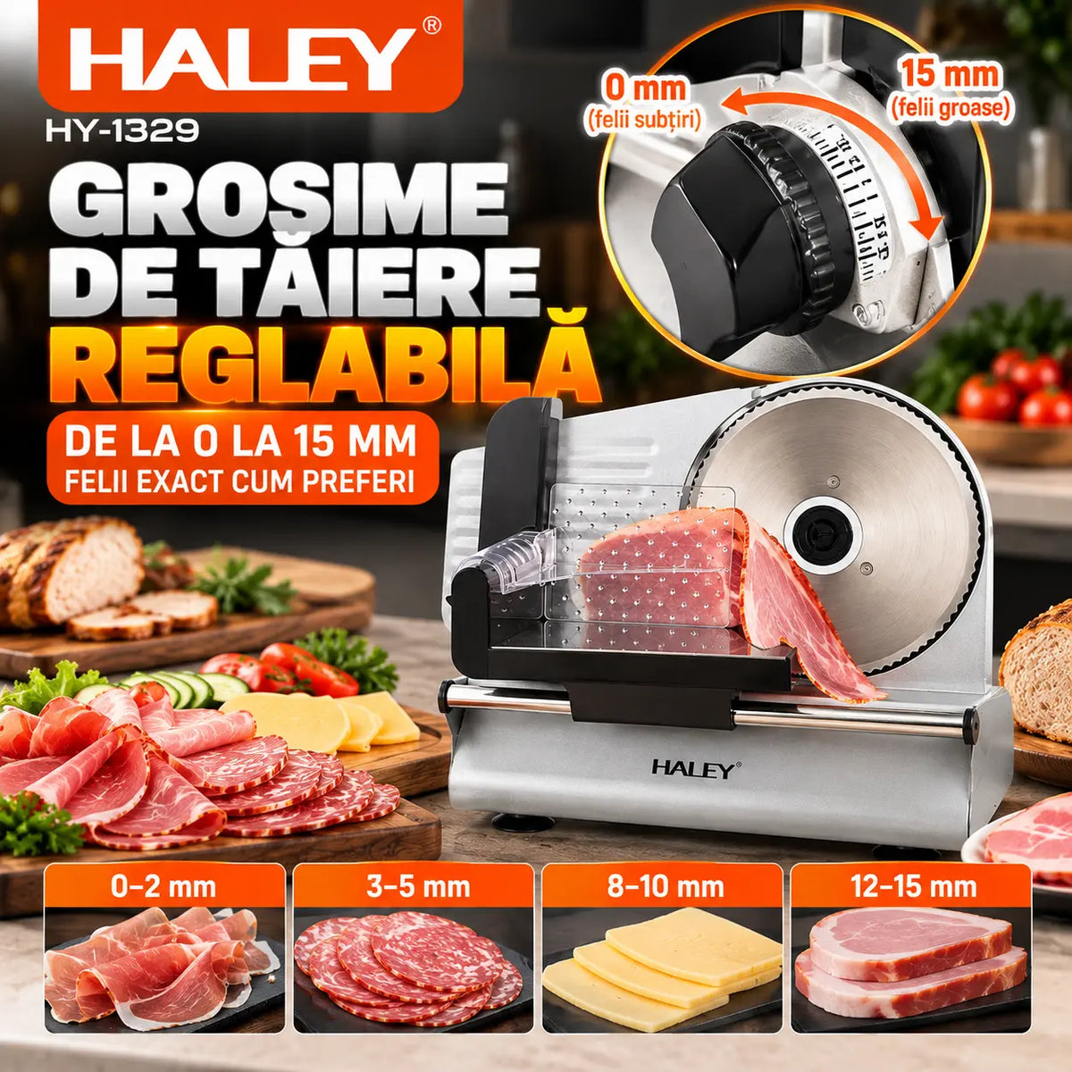 Feliator Electric de Alimente HALEY® HY-1329, Putere Maximă 800W, Lamă din Oțel Inoxidabil de 190 mm, Grosime de Tăiere Reglabilă 0–15 mm, Carcasă din Aluminiu Turnat, Protecție pentru Degete, Împingător Transparent cu Protecție