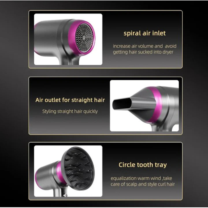 Uscator de par Original At Performance, cu Led, 2 trepte de Viteza, 2 Capete, Ioni Negativi, Aer rece/ cald, 1250 W, Gri/Fucsia