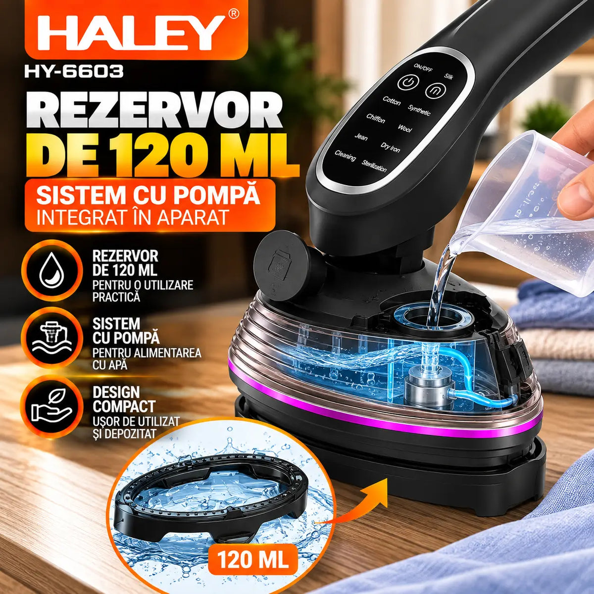 Aparat de Călcat Vertical și Orizontal cu Aburi HALEY® HY-6603, 2000W, Încălzire Rapidă în 20 Secunde, Jet de Abur 14–18 g/min, Rezervor 120 ml, Cap Rotativ 90°, Panou Tactil, 3 Niveluri de Abur, Protecție la Supraîncălzire