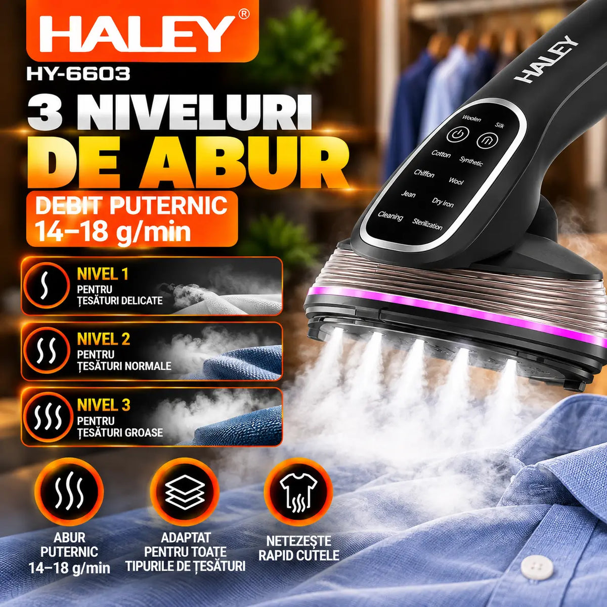 Aparat de Călcat Vertical și Orizontal cu Aburi HALEY® HY-6603, 2000W, Încălzire Rapidă în 20 Secunde, Jet de Abur 14–18 g/min, Rezervor 120 ml, Cap Rotativ 90°, Panou Tactil, 3 Niveluri de Abur, Protecție la Supraîncălzire