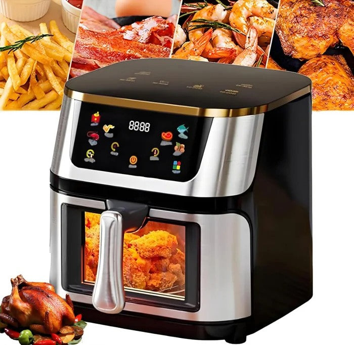 Friteuză cu Aer Cald 10L AT PERFORMANCE® – 2400W, Display Digital Touch, 8 Programe, cu Geam, Neagră + CADOU 100 Hârtii de Copt - Silver Geam