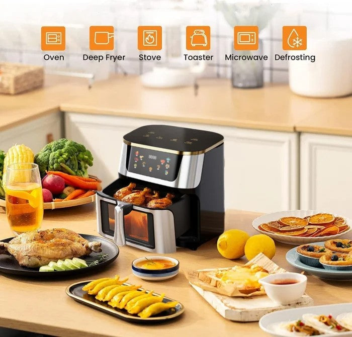 Friteuză cu Aer Cald 10L AT PERFORMANCE® – 2400W, Display Digital Touch, 8 Programe, cu Geam, Neagră + CADOU 100 Hârtii de Copt - Silver Geam