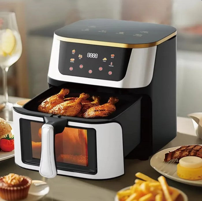 Friteuză cu Aer Cald 10L AT PERFORMANCE® – 2400W, Display Digital Touch, 8 Programe, cu Geam, Neagră + CADOU 100 Hârtii de Copt - Silver Geam