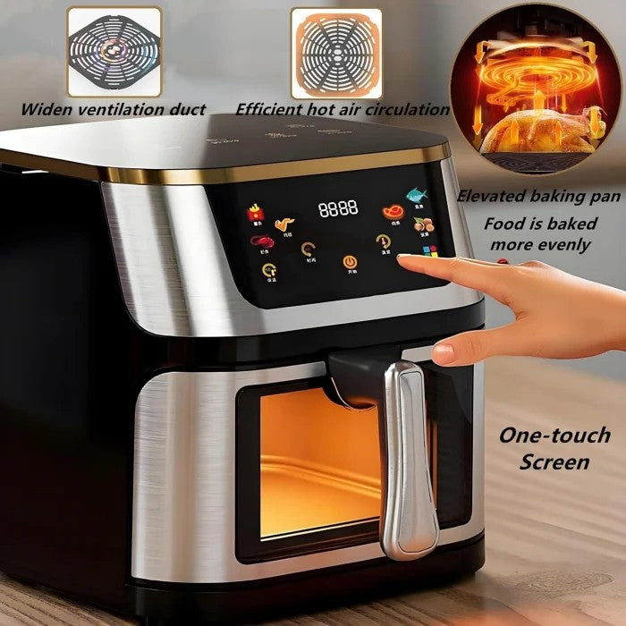Friteuză cu Aer Cald 10L AT PERFORMANCE® – 2400W, Display Digital Touch, 8 Programe, cu Geam, Neagră + CADOU 100 Hârtii de Copt - Silver Geam