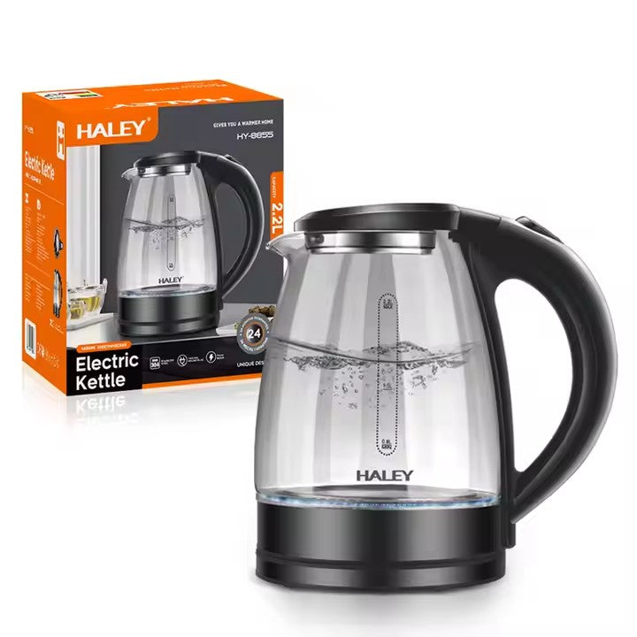 Fierbător Electric HALEY HY-8855: Portabil din Sticlă de 2,2 L, încălzire Rapidă cu Oprire Automată și Lumină LED Pentru UZ Casnic și Hotel