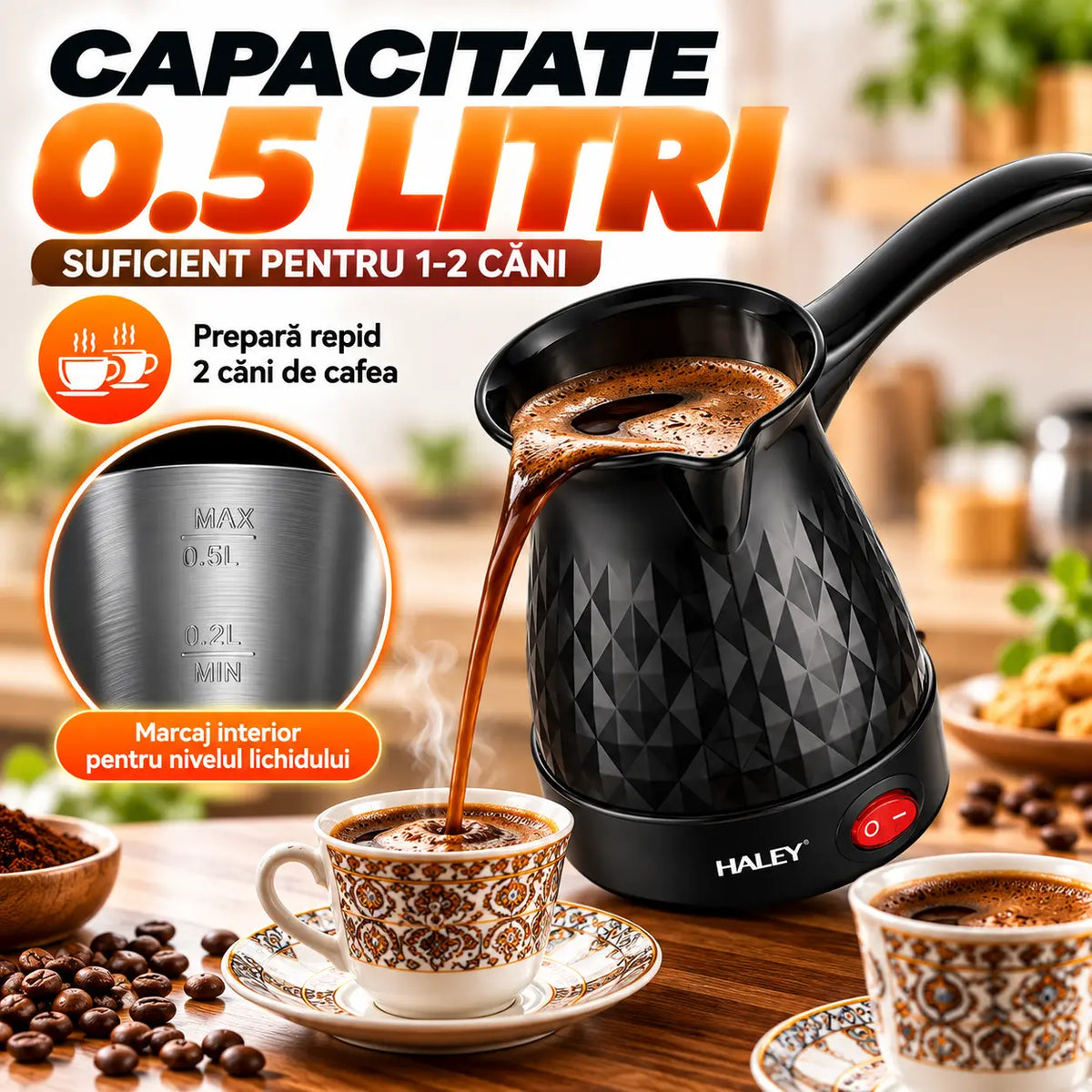 Ibric Electric HALEY 600W, 0.5L – Ideal pentru Cafea Turcească, Ceai, Lapte | Portabil, Silențios, Perfect pentru Călătorii