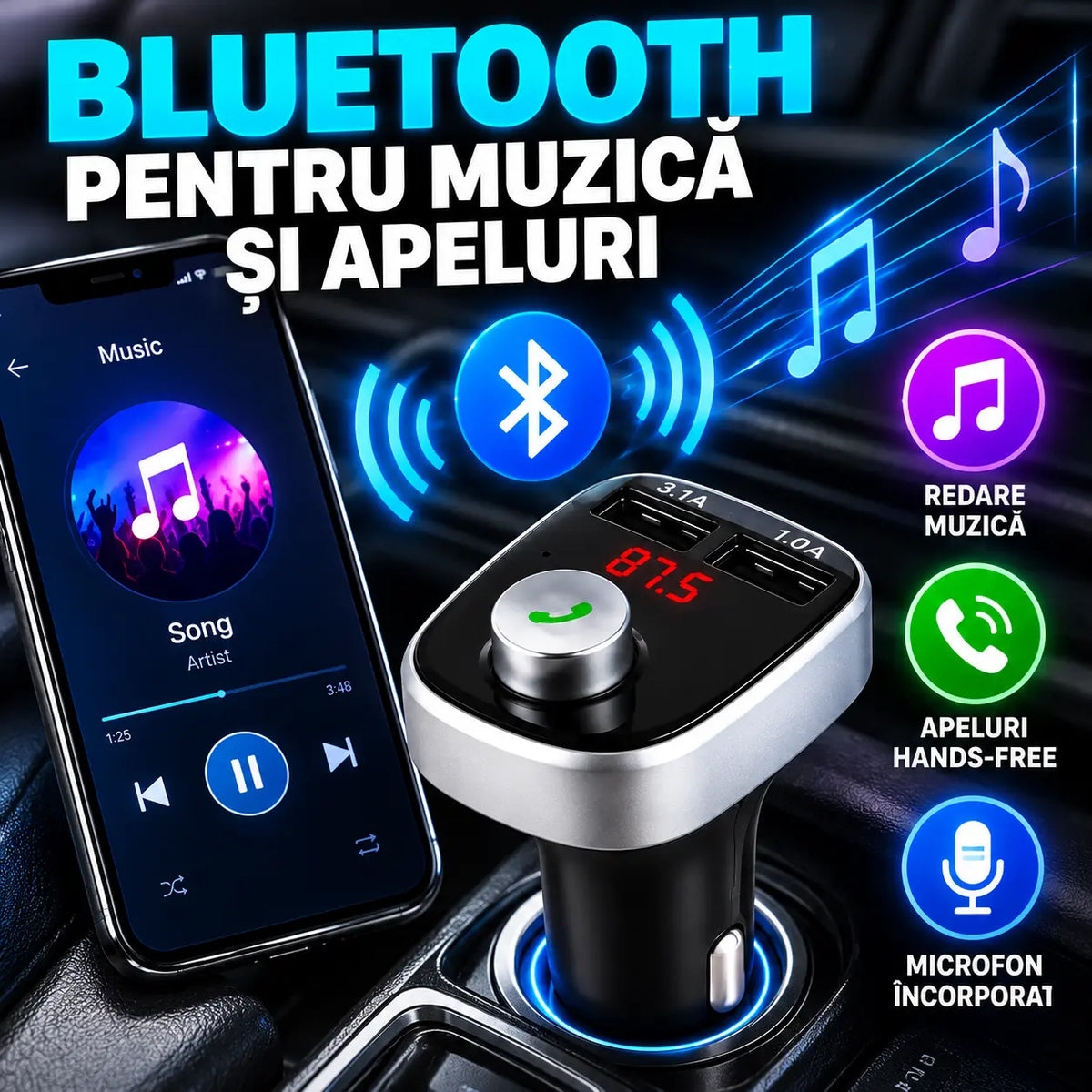 Modulator auto A20, Audio, mp3 player, dual USB, 3.1A, Bluetooth, FM, negru cu argintiu