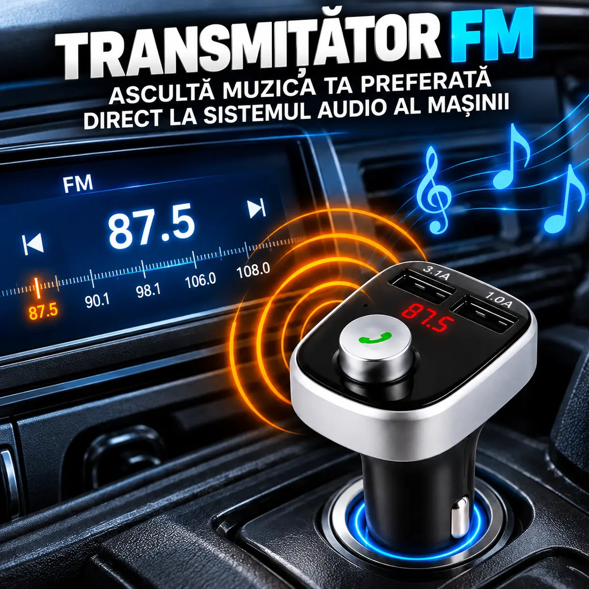Modulator auto A20, Audio, mp3 player, dual USB, 3.1A, Bluetooth, FM, negru cu argintiu