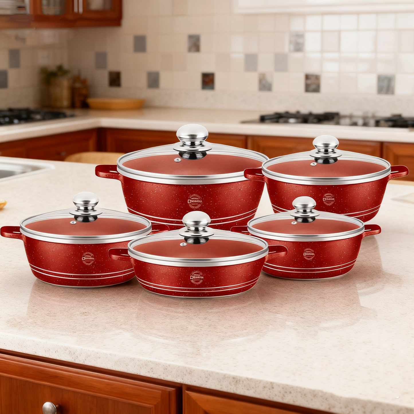 Set Premium 10 Piese AT PERFORMANCE – Oale cu acoperire din marmură și capace din sticlă semitransparentă, 5 dimensiuni pentru gătit versatil