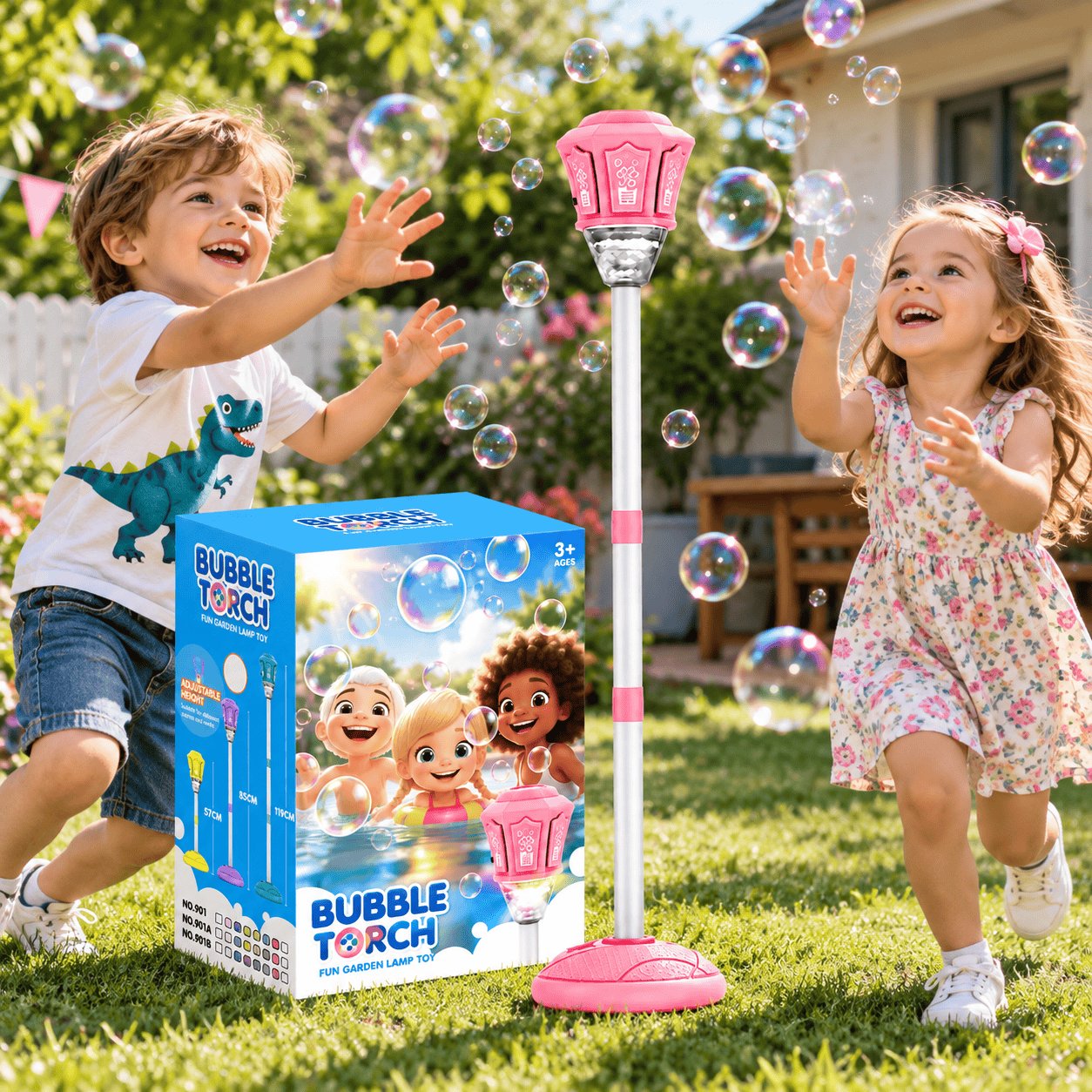 Lampă pentru Copii Bubble Torch cu Generator Automat de Baloane de Săpun, Înălțime Reglabilă 57–119 cm, Efecte Luminoase, Roz, 3+ Ani