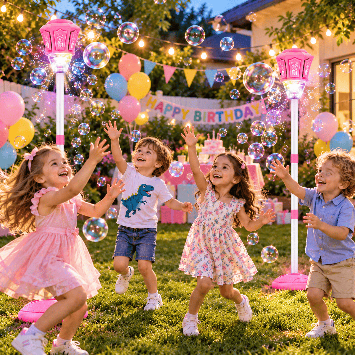 Lampă pentru Copii Bubble Torch cu Generator Automat de Baloane de Săpun, Înălțime Reglabilă 57–119 cm, Efecte Luminoase, Roz, 3+ Ani