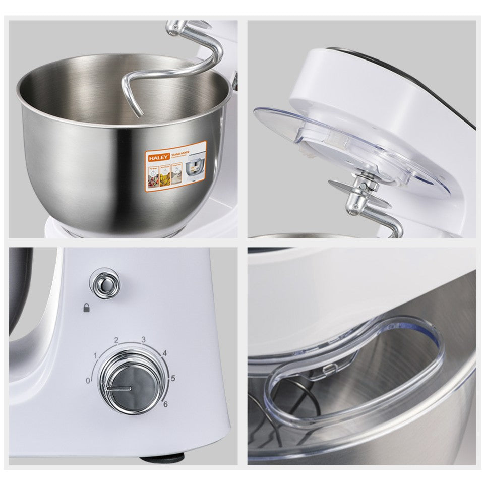 Mixer Profesional HALEY HY-2409, 1200W, Bol 6L Inox, 6 Viteze + Pulse, Alb/Inox, Silențios, Protecție Întrerupere