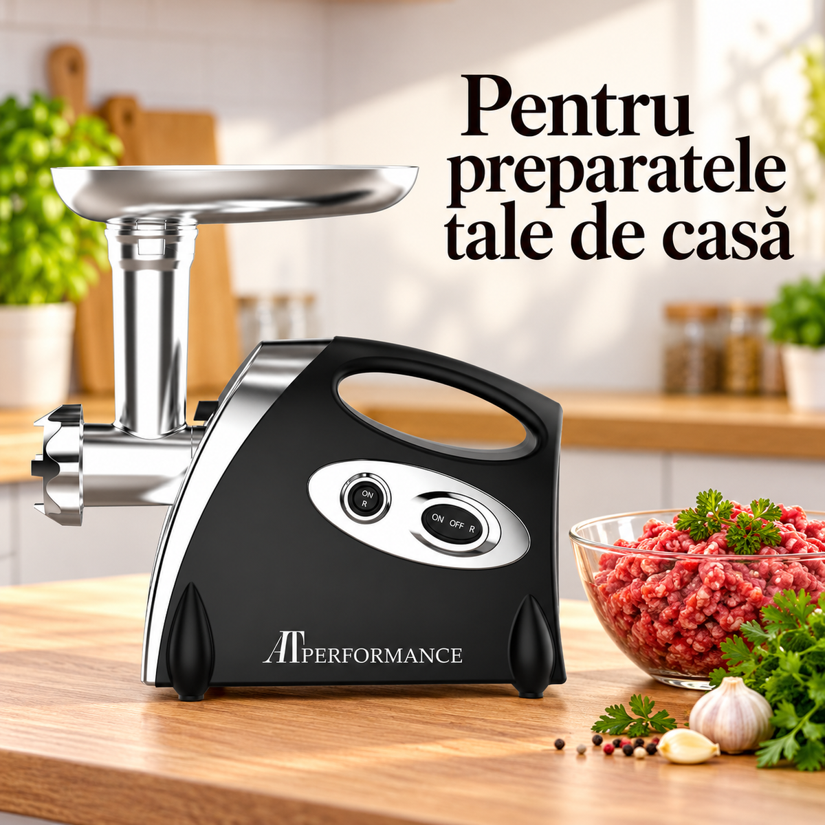 Mașină de tocat AT Performance AT-2113 neagră alături de un bol cu carne tocată