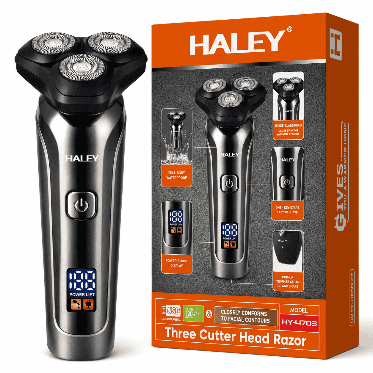 Aparat De Ras Electric Haley HY-4703, 3 Capete Rotative, Acumulator 1200 mAh, Autonomie 180 Minute, Waterproof, Încărcare USB