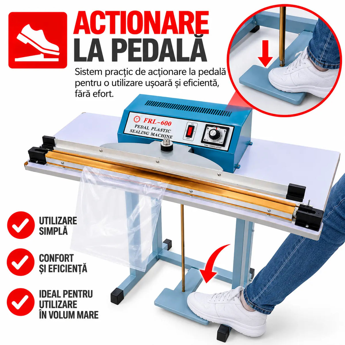 Aparat Profesional de Lipit AT PERFORMANCE și Sigilat Pungi și Saci PFS600 – Sigilare Rapidă, Precisă și Eficientă, 600 mm, 750W, Acționare la Pedală