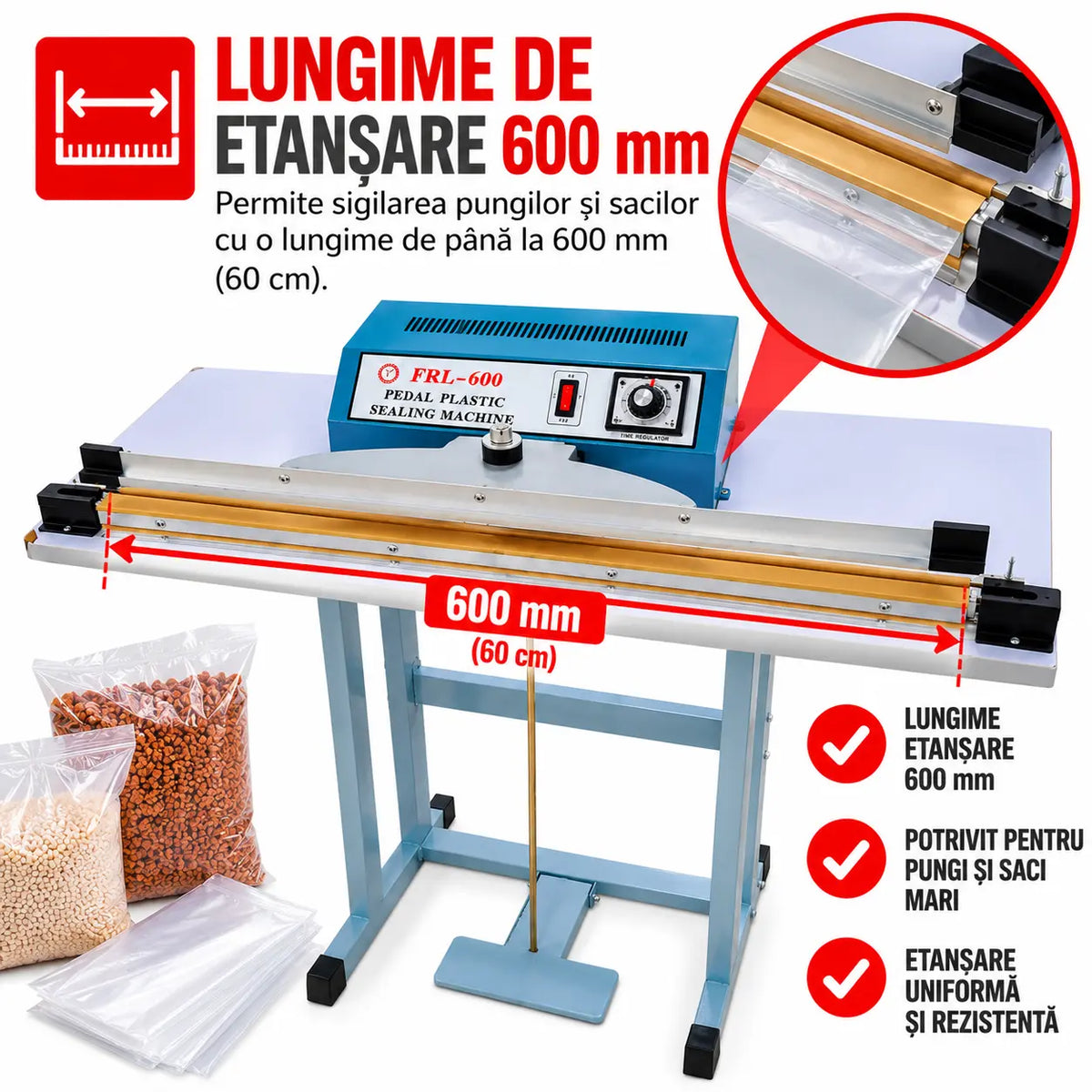 Aparat Profesional de Lipit AT PERFORMANCE și Sigilat Pungi și Saci PFS600 – Sigilare Rapidă, Precisă și Eficientă, 600 mm, 750W, Acționare la Pedală