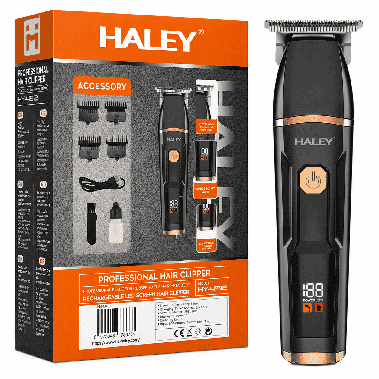 Aparat Profesional De Tuns Și Contur Haley HY-4512, Lamă Din Oțel, Acumulator 1300 mAh, Autonomie 150 Min, Display LED, USB Type-C
