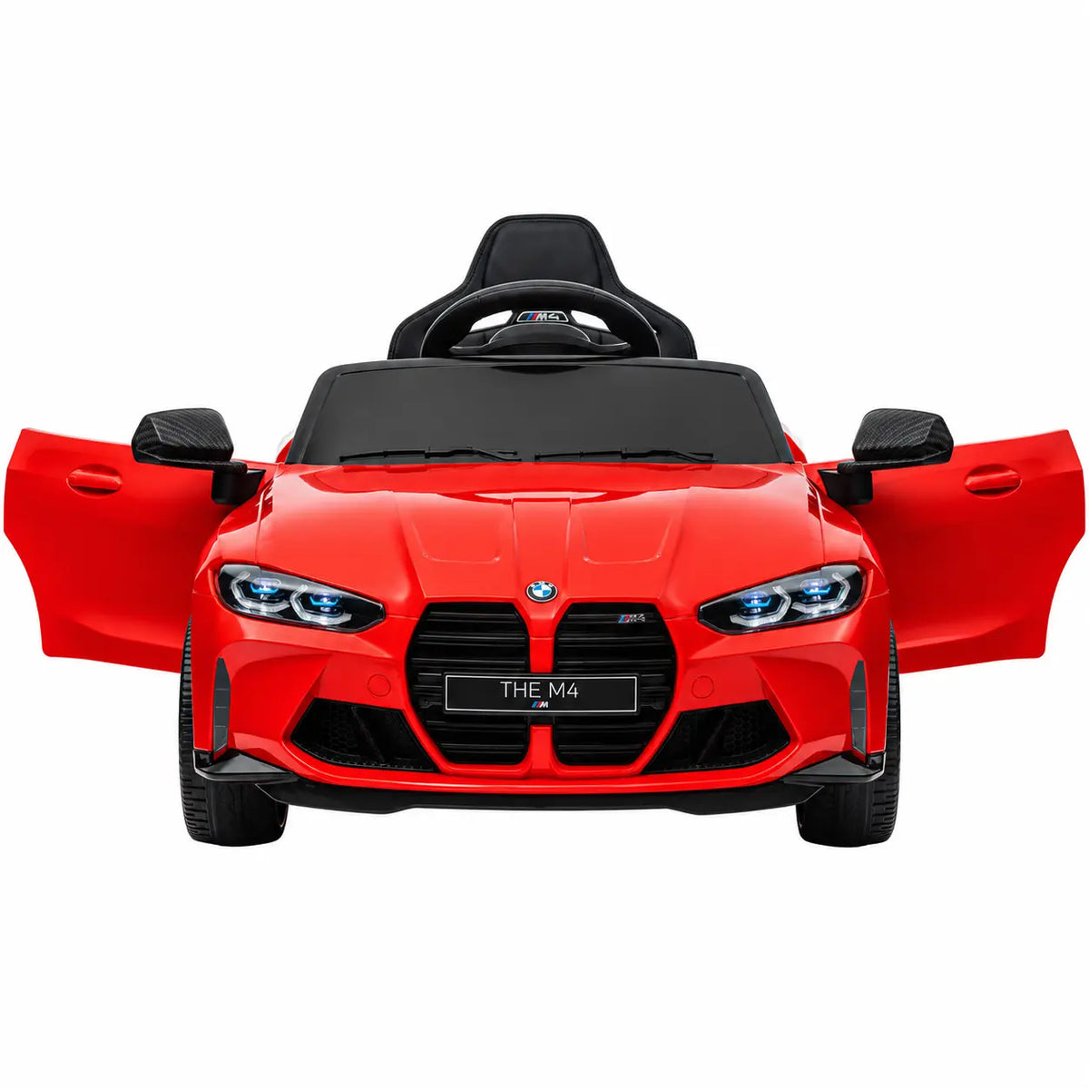 Mașinuță electrică KIDOO® BMW M4 roșie, vedere frontală cu ușile deschise