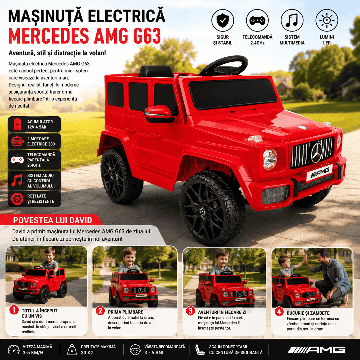 Mașină Electrică pentru Copii Tip SUV 4x4 Premium, Design Inspirat Mercedes G-Class AMG, 12V, Lumini LED, Muzică, Rosu