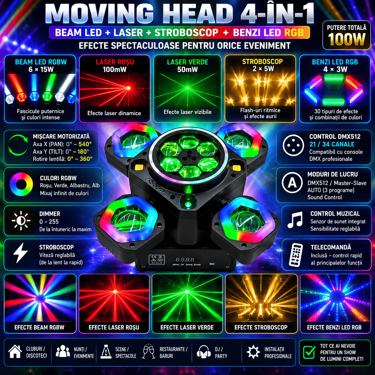 Moving Head Profesional 100W 4-în-1 – Beam RGB, LED Multicolor, Laser Roșu & Verde, Stroboscop, DMX512 21/34 Canale, Rotire 540°/180°, Control Muzical și Telecomandă