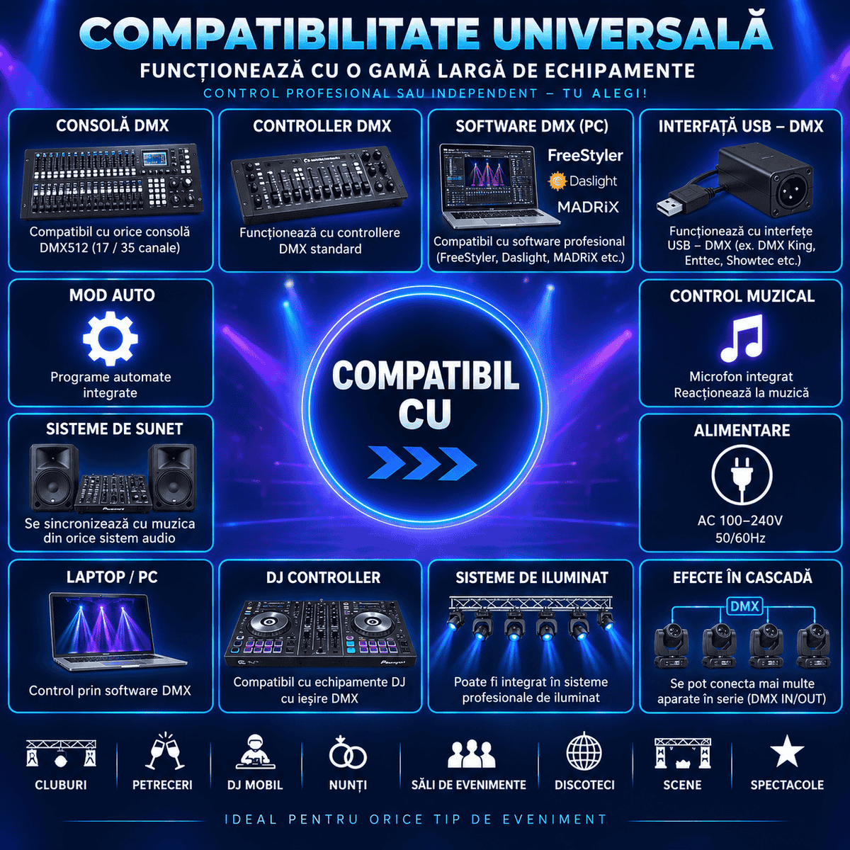 Moving Head LED Full Moon Simitar 120W – 4 LED-uri RGBW 4-în-1, 17/55 Canale DMX512, Pan/Tilt, Strobe, Dimmer, Control DMX, Auto, Master-Slave și Sound Control