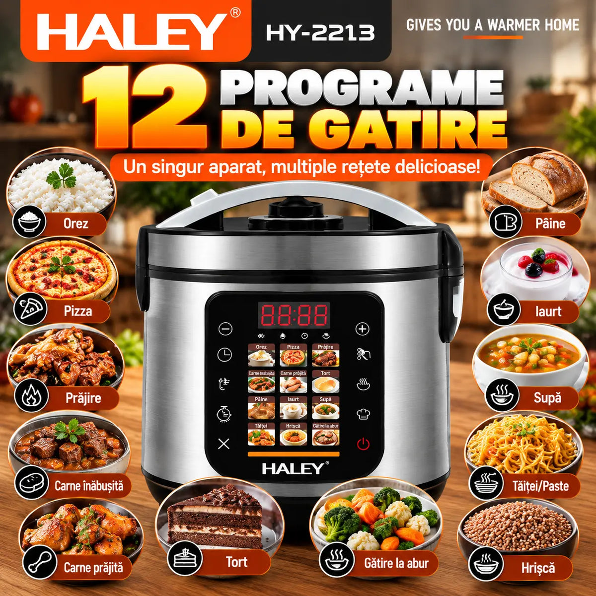 Oală Electrică Multifuncțională pentru Gătit HALEY® HY-2213, 1500W, Capacitate 6 Litri, Panou Digital cu 12 Programe de Gătire, Vas Interior cu Strat Antiaderent, Gătire Rapidă, Economie de Energie