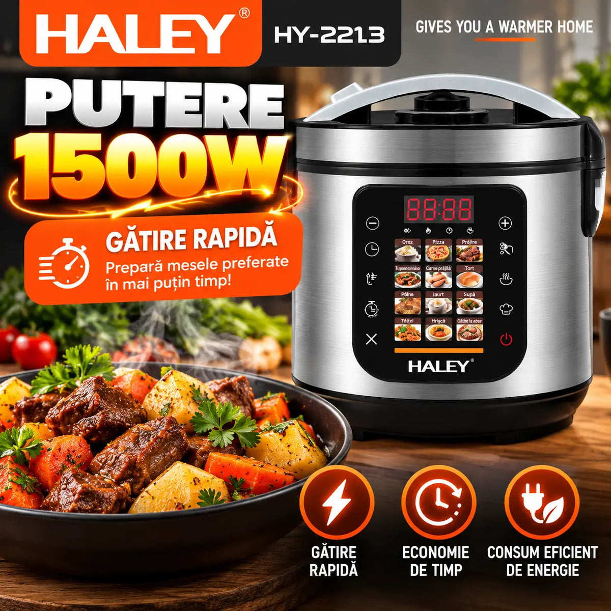 Oală Electrică Multifuncțională pentru Gătit HALEY® HY-2213, 1500W, Capacitate 6 Litri, Panou Digital cu 12 Programe de Gătire, Vas Interior cu Strat Antiaderent, Gătire Rapidă, Economie de Energie