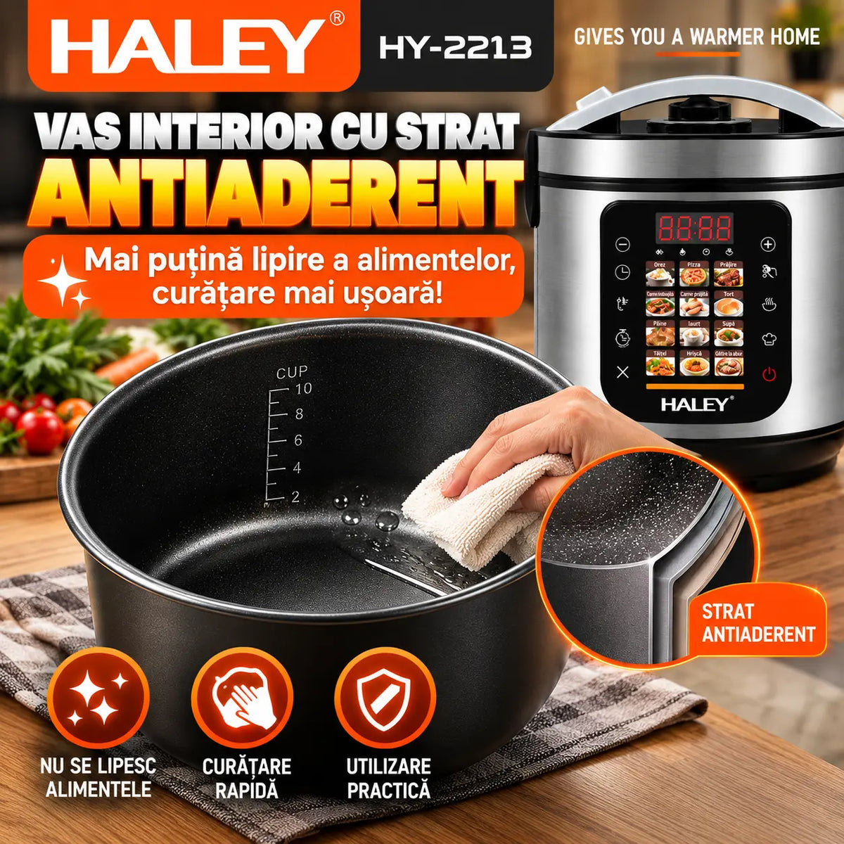 Oală Electrică Multifuncțională pentru Gătit HALEY® HY-2213, 1500W, Capacitate 6 Litri, Panou Digital cu 12 Programe de Gătire, Vas Interior cu Strat Antiaderent, Gătire Rapidă, Economie de Energie
