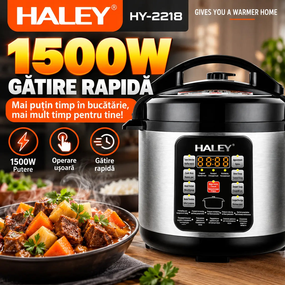 Oală Electrică sub Presiune Multifuncțională HALEY® HY-2218, 1500W, Capacitate 6 Litri, Panou Digital cu Programe de Gătire, Vas Interior cu Strat Antiaderent, Gătire Rapidă, Economie de Energie