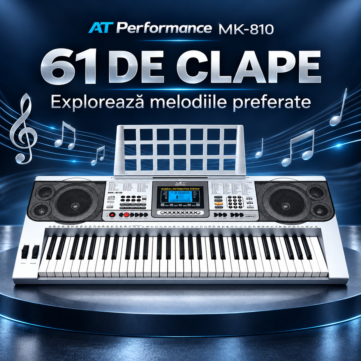 Claviatura cu 61 de clape a orgii AT Performance MK-810, prezentată într-un cadru de marketing
