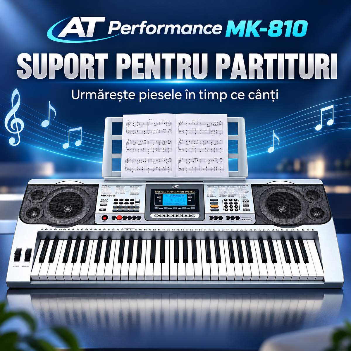 Suportul pentru partituri al orgii AT Performance MK-810, ilustrat cu o partitură